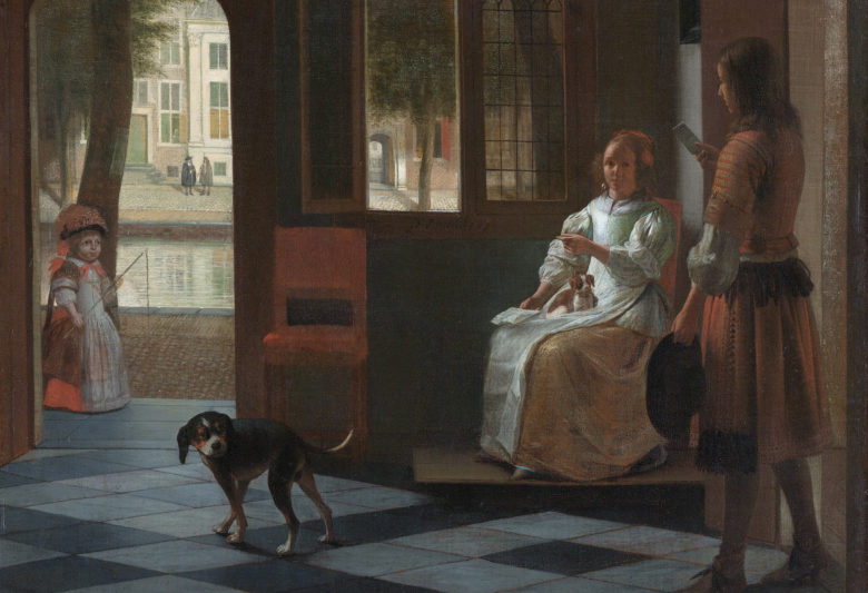 Man hands a letter to a woman in a hall *oil on canvas *68 x 59 cm *signed: P. de Hooch f.1670